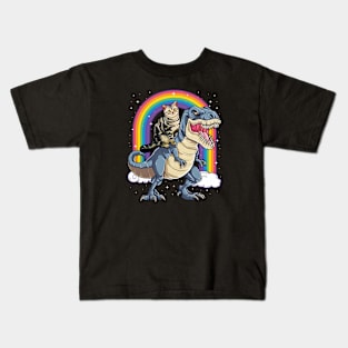 Cat Riding Dinosaur T rex Kids T-Shirt